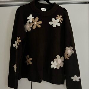 CeCe Women's Black Sweater with Cream and Tan Floral Design